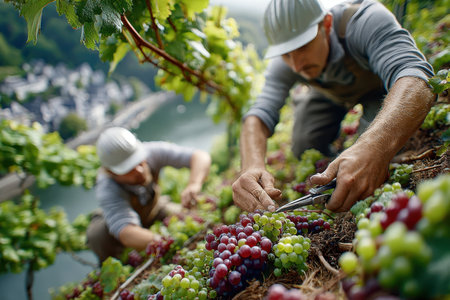 Workers carefully pick ripe grapes in a vibrant vineyard, surrounded by lush greenery and a calm river.の写真素材