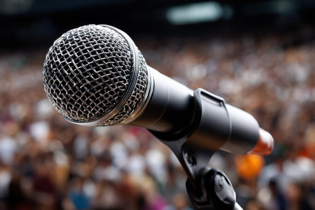 A microphone stands ready on stage as a large crowd cheers, creating an energizing atmosphere at dusk.の写真素材