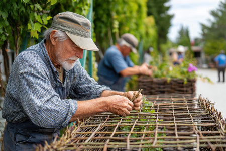 Two elderly men carefully construct plant trellises using natural materials in a sunny garden setting.の写真素材