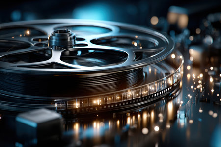 A vintage film reel rests on a dark surface surrounded by sparkling lights and complex machinery.の写真素材