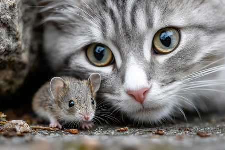A curious cat watches intently as a tiny mouse explores the ground in a backyard during daylight.の写真素材