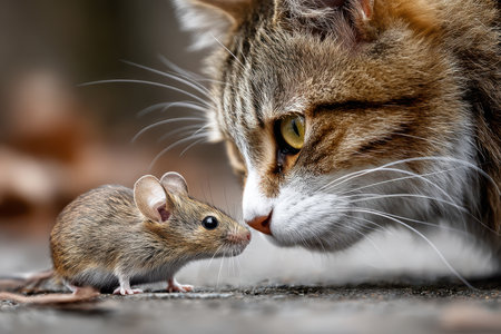 A cat and a mouse interact closely in a natural setting during a calm afternoon, showing their curiosity.の写真素材