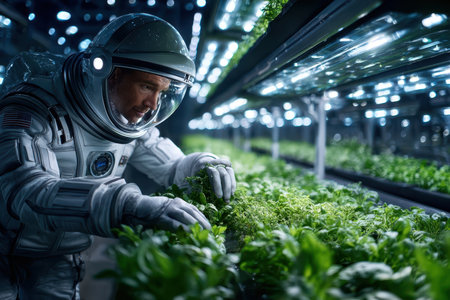 An astronaut carefully tends to a vibrant array of plants in a high-tech greenhouse setting.の写真素材
