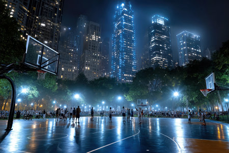 Groups of players engage in an energetic basketball game illuminated by city lights at night.の写真素材