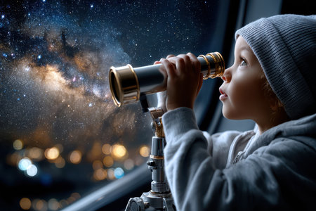 A young child gazes through a telescope, discovering the beauty of the stars and galaxies at night.の写真素材