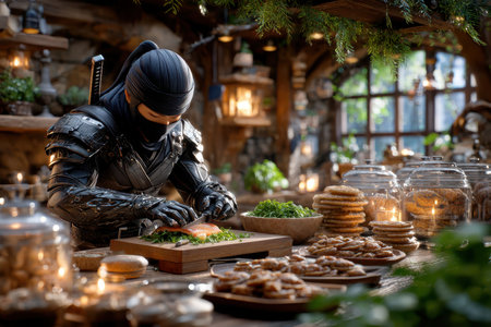 A ninja chef crafts a vibrant meal in a cozy kitchen filled with fresh ingredients.の写真素材