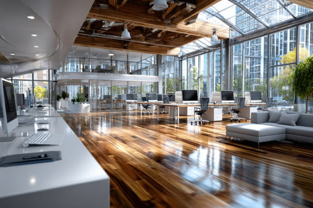 A bright, modern office space with wooden floors and city viewsの写真素材