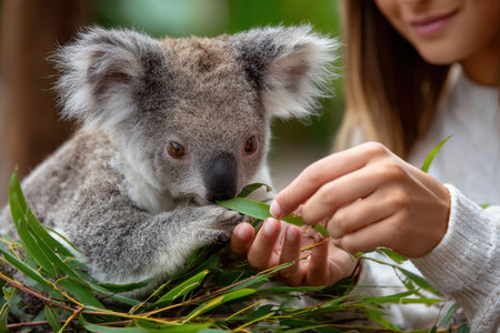 A person gently feeds a koala with eucalyptus leaves, showing their bond in a natural setting.の写真素材