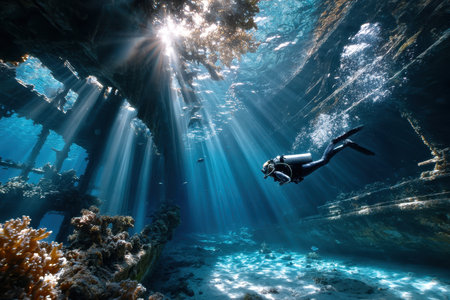 A scuba diver explores a shipwreck illuminated by beams of sunlightの写真素材