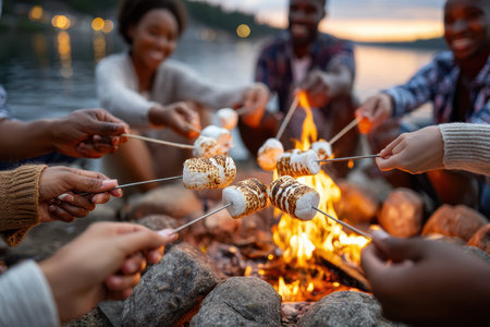 A group of friends enjoys roasting marshmallows over a campfire by a lake during sunset.の写真素材