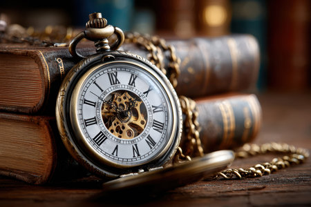 An antique pocket watch poised on a stack of old books, shot in a rustic setting with a warm, nostalgic mood, using soft, diffused lighting and a macro lens to highlight the intricate details of the watchの写真素材