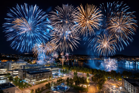 Fireworks explode over a city and body of water at nightの写真素材