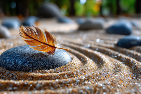 A tranquil shot of a zen garden with perfectly raked sand, embodying harmony and mindfulness, under soft, diffused sunlight, using a macro lens on a DSLR, where a single feather has fallen on the sandの写真素材