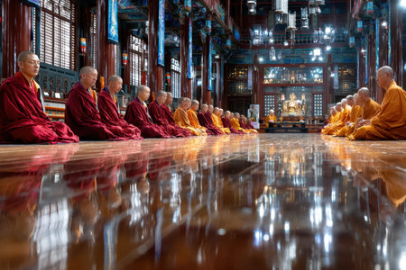 A group of monks in a Tibetan monastery, under natural light, captured with a wide-angle lens, showcasing a spiritual and tranquil way of life, ultrarealistic photo --ar 3:2 --raw --profile nk3i4wf --stylize 250 --v 7 Job ID: 23c132f4-5e42-4688-aaba-f67064e61ae4の写真素材