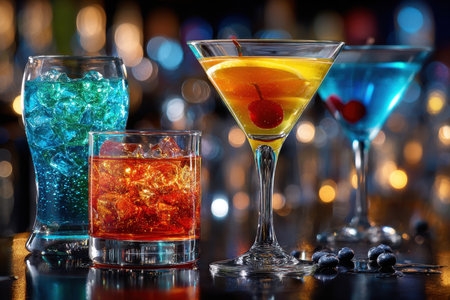 Four colorful cocktails on a bar with a blurred backgroundの写真素材