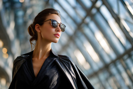 A stylish woman in sunglasses poses confidently in a modern buildingの写真素材