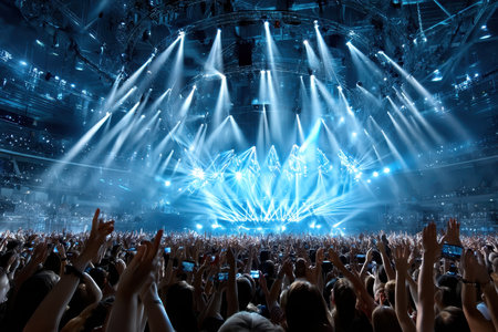 A large crowd enjoys a live music concert in a dark arenaの写真素材