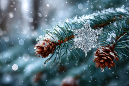 Close up of a snowflake and pine cones on a snowcovered branchの写真素材