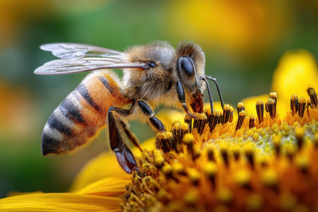 Busy bee gathers nectar from a sunflower in a colorful garden, showing nature's beauty in summer.の写真素材