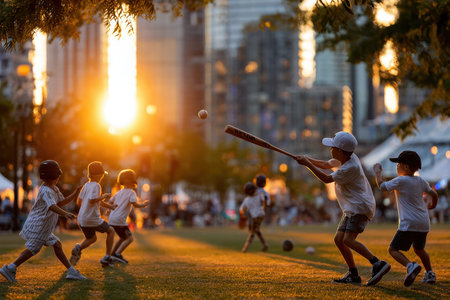 A group of children actively participates in a baseball game in a park during sunset, with city buildings in view.の写真素材