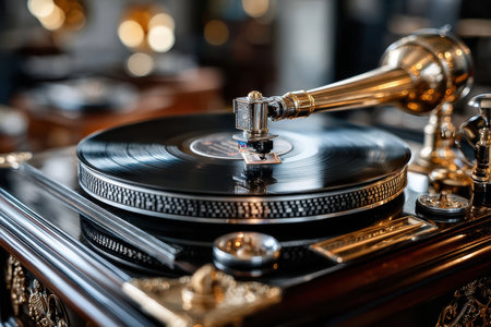 A beautifully detailed gramophone spins a vinyl record in a cozy antique store filled with history.の写真素材