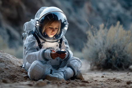 A child dressed in a spacesuit sits on the ground, focused on a smartphone in a rocky, otherworldly setting.の写真素材