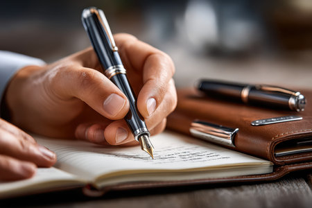A person writes in a notebook using a stylish pen at a desk, filled with warm light from the afternoon.の写真素材