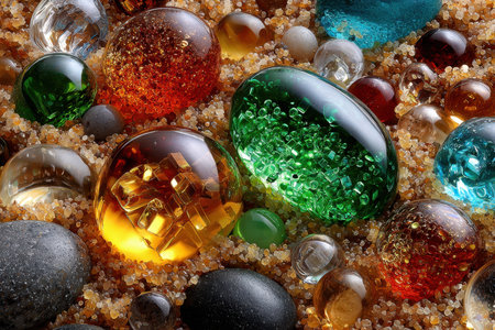 Colorful glass orbs are artfully placed on fine sand, highlighting their unique textures and reflections.の写真素材