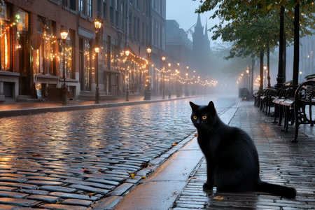 A solitary black cat perches on a wet cobblestone street, surrounded by charming lights and mist.の写真素材