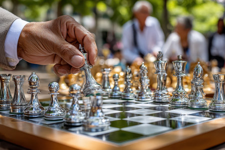 A hand moves a silver chess piece on a board in a lively park filled with trees and spectators enjoying the day.の写真素材