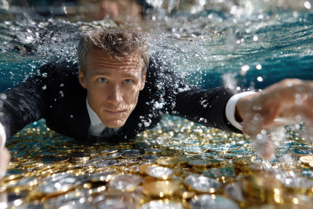 A man dressed in a suit swims beneath the water, reaching out towards a sea of gold coins below him.の写真素材