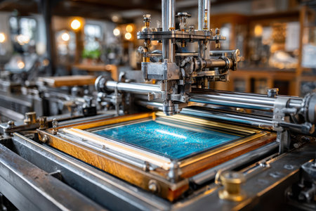 A vintage screen printing machine operates, showcasing intricate designs being applied onto fabric in a workshop.の写真素材