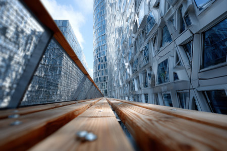 Low angle view of a wooden walkway between modern buildingsの写真素材