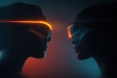 Futuristic figures with glowing eyewear face each other in an intriguing moment, highlighting modern technology.の写真素材