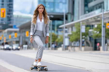 A confident woman in a business suit rides a skateboard along a busy city street while smiling.の写真素材
