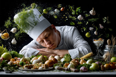 A chef leans on a table filled with colorful vegetables and herbs, taking a moment of reflection and creativity.の写真素材