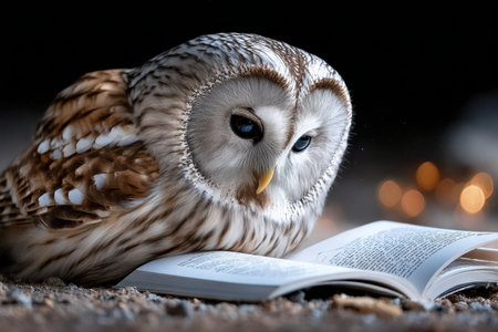 A wise owl perches on an open book, absorbed in the text, as warm lights twinkle softly around it.の写真素材