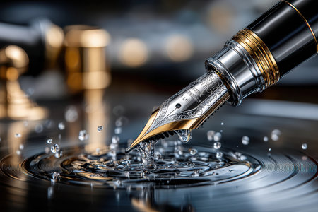 A detailed fountain pen's nib touches the surface of water, causing small ripples amidst artistic decor.の写真素材