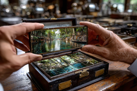 Hands holding a phone displaying a serene river scene from a charming wooden box in nature.の写真素材