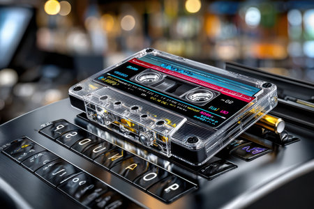 A clear cassette tape rests on a music player, warm cafe lights creating a nostalgic atmosphere in the evening.の写真素材