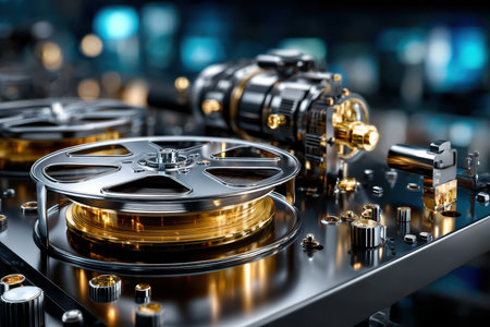 A detailed close-up of a vintage tape player, featuring metal reels and gears, showing mechanical artistry.の写真素材