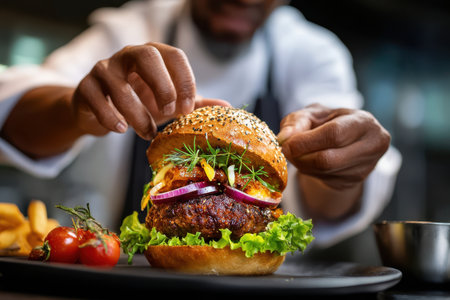 A chef assembles a gourmet burger with juicy meat, fresh vegetables, and crispy fries in a bustling kitchen.の写真素材