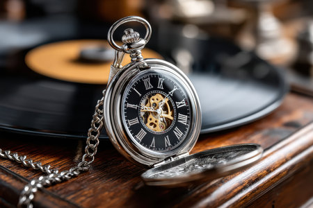 An ornate pocket watch with Roman numerals sits on a vinyl record, showing its intricate design and elegance.の写真素材