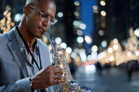 A musician performs soulful melodies on a saxophone amidst twinkling lights in a bustling city street at night.の写真素材