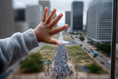 A child extends their hand towards a large gathering of people in a city, exhibiting curiosity and engagement.の写真素材