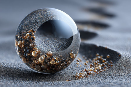 A clear glass sphere rests on a textured surface, showing colorful grains within and nearby.の写真素材