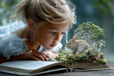 A curious girl leans close to a book, enchanted by a rabbit and a miniature forest that seems alive.の写真素材