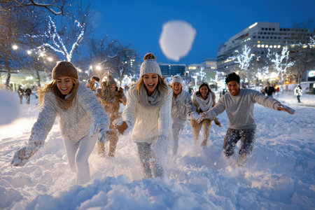 Friends are joyfully running through deep snow in a brightly lit urban park during a winter night.の写真素材