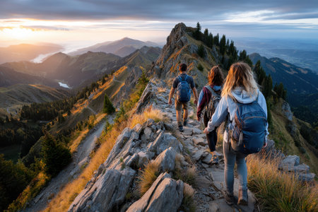 A group of friends hiking on a mountain trail at dawn, with an adventurous, exhilarating mood, shot with a drone camera, capturing the spirit of exploration, ultrarealistic photo --ar 3:2 --raw --profile nk3i4wf --stylize 250 --v 7 Job ID: d4d4701b-bdd4-4c3a-8035-d8700a4cf1d6の写真素材