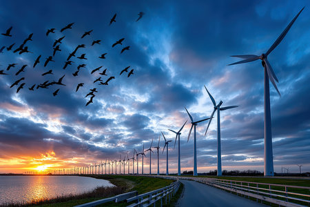 Wind turbines stand tall against a vibrant sunset sky with birds in flightの写真素材